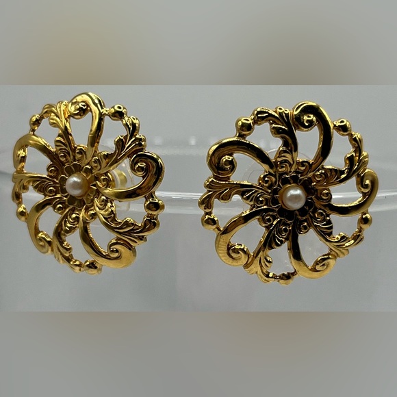 Vintage Inspired Gold Filigree Earrings with Pearl Accent - Picture 1 of 4